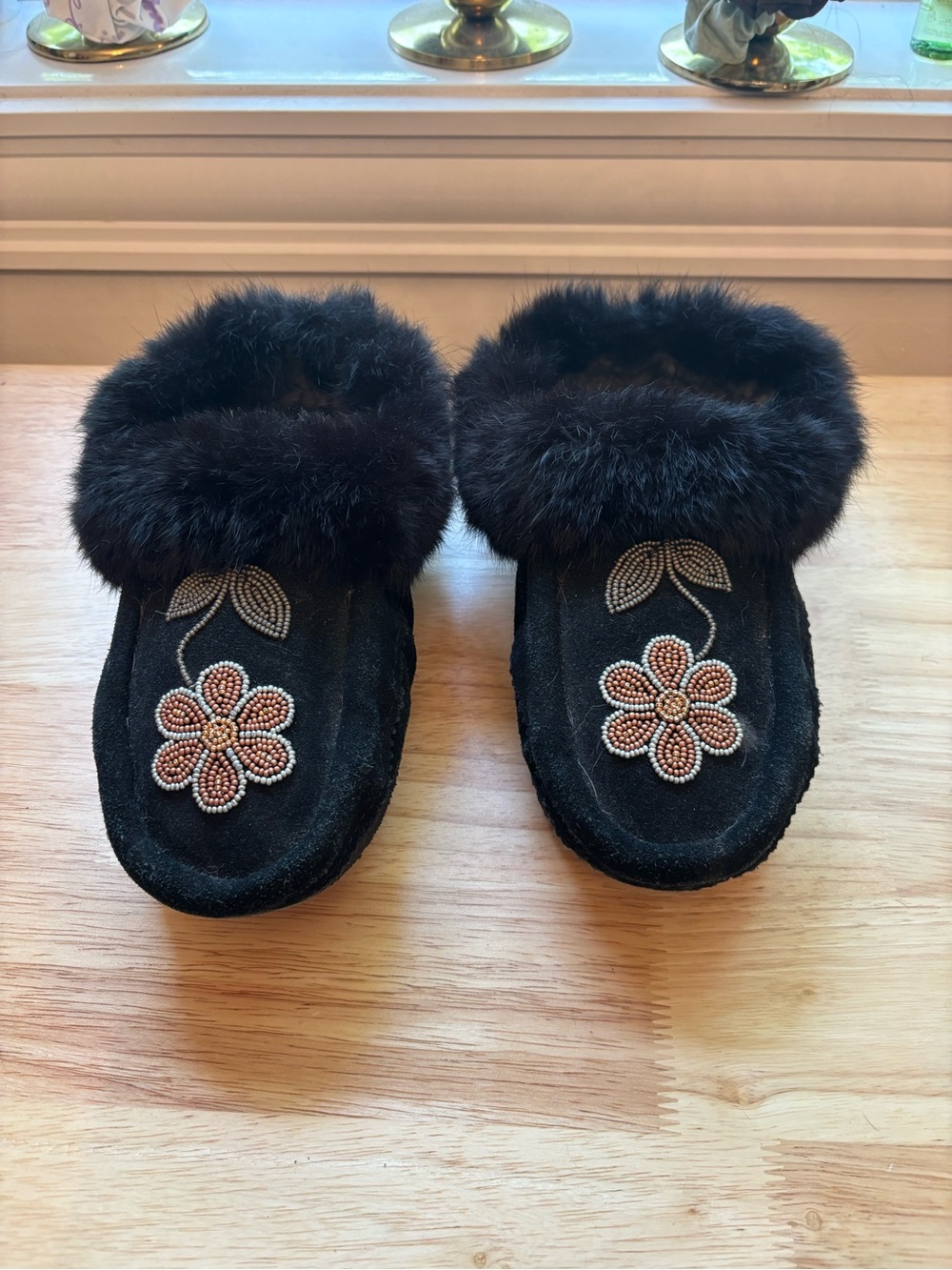 Black Faux Fur Beaded Flower Slip-On - Women